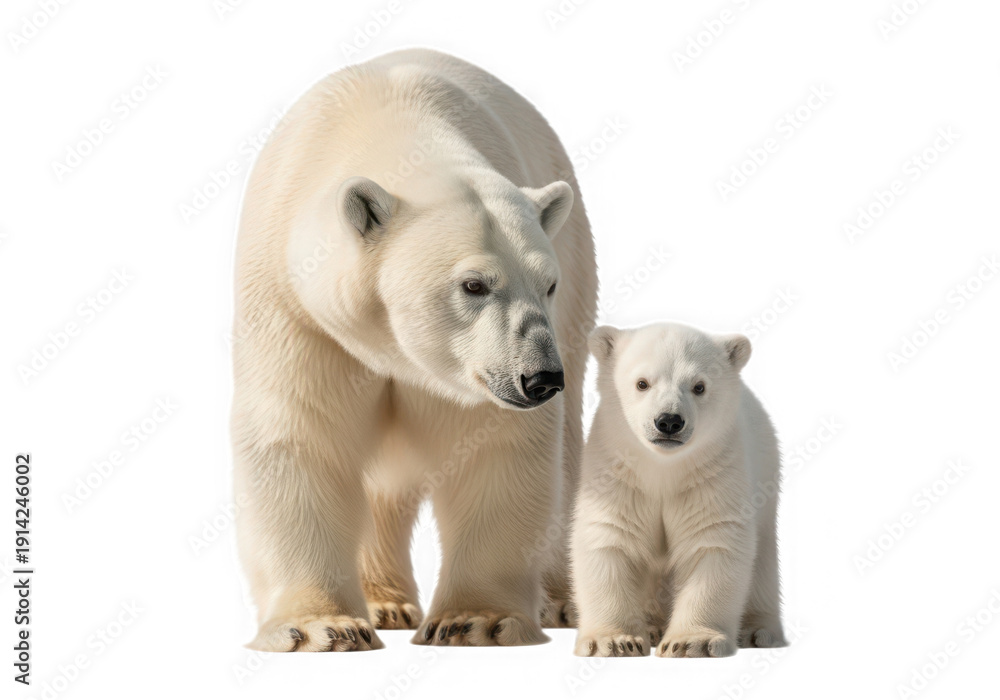 Obraz premium A protective polar bear mother and her cub, standing together, captured with transparent background for versatile design.