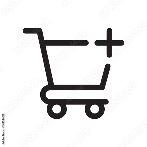 Professional Minimalist Black Outline Shopping Cart Icon with Plus Symbol for E-commerce Websites, Mobile App Interfaces, and Online Retail Digital Design.