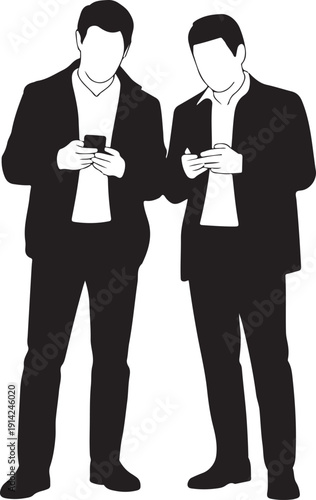 Two businessmen using mobile phones silhouette communicating in digital age on transparent background