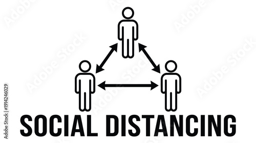 Social distancing concept with three people standing apart, maintaining safe distance, health and safety measure during pandemic, COVID-19 prevention, public health awareness, and virus protection.