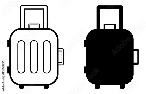 Icono de maleta de viajes. Ilustración con estilo minimalista en blanco y negro. Vector para sitio web, app, viajes, folleto, y otros.