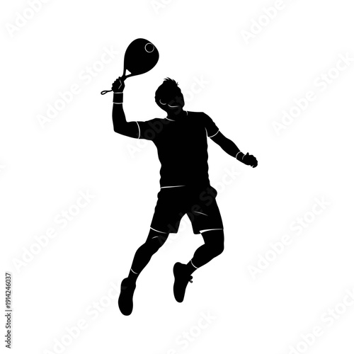 Silhouette of a man playing tennis, jumping and hitting the ball
