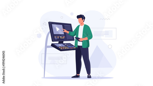 Man using editing software on computer for video production