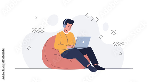Man with headphones using laptop on bean bag, modern flat design, remote work concept