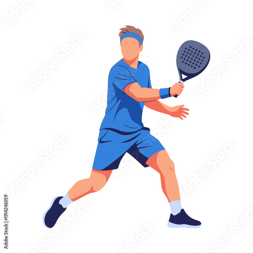 Man playing padel tennis, athletic man in blue sportswear hitting ball with racket