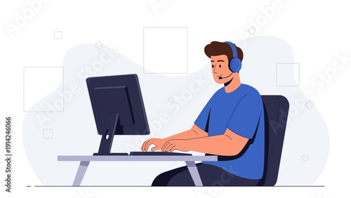 Man with headset working on computer, customer support, online gaming, remote work concept