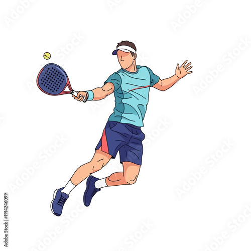 Man playing padel tennis, jumping to hit ball, dynamic action shot, sports concept