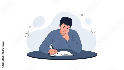 Man Writing in Notebook, Thinking and Studying