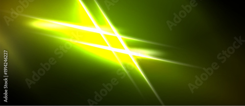 Bright yellow light streaks cross dark green background. Abstract energy radiates, creating dynamic visual effect. Intense glow dominates composition.