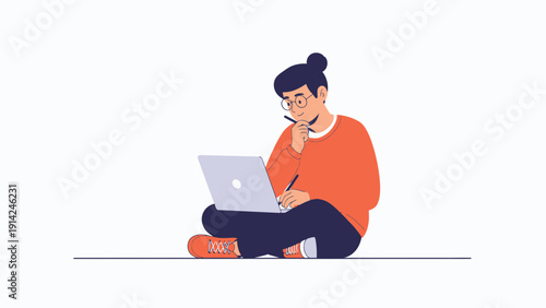 Person thinking at laptop, cross-legged, orange sweater, focused study, remote work