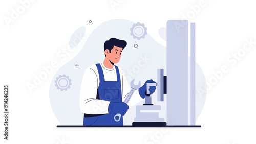 Mechanic working on industrial machine with wrench, modern flat illustration