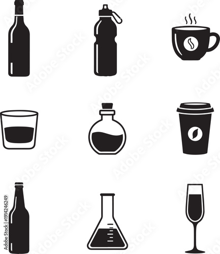 Variety of Drinks Silhouettes: A curated collection of diverse drink silhouettes, from the richness of a wine bottle to the hydration of a water bottle, embodying refreshment and beverage choices.