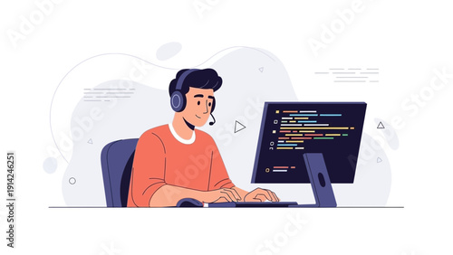 Programmer Coding on Computer with Headset, Software Development, IT Professional