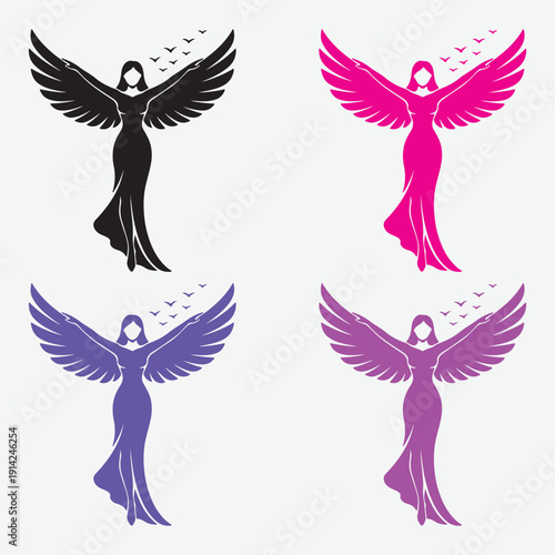 Elegant Angel Silhouette Vector Set: Stylized Female Figure with Wings and Birds in Multiple Colors