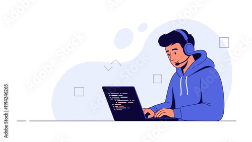 Programmer Working on Laptop with Headphones, Coding and Developing Software