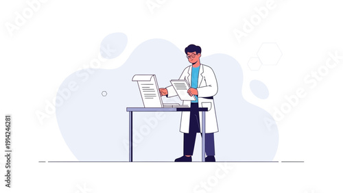 Scientist Analyzing Documents on Desk - Medical Research and Data Review