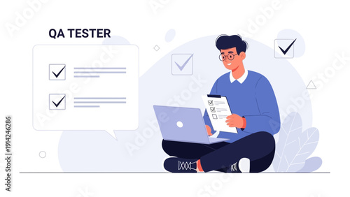 QA Tester Working on Laptop, Checking Checklist, Software Quality Assurance Concept