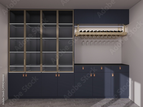 Obraz na plátně Modern built-in cabinet with dark blue matte fronts, glass display shelves with