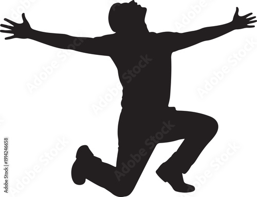 Silhouette of man celebrating with arms wide open in ecstatic pose on checkered background