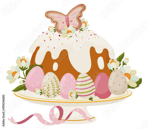 Traditional Easter cake with white icing, decorated with a butterfly and flowers. Surrounded by pink and patterned Easter eggs on a cake stand. Digital hand-drawn festive illustration 