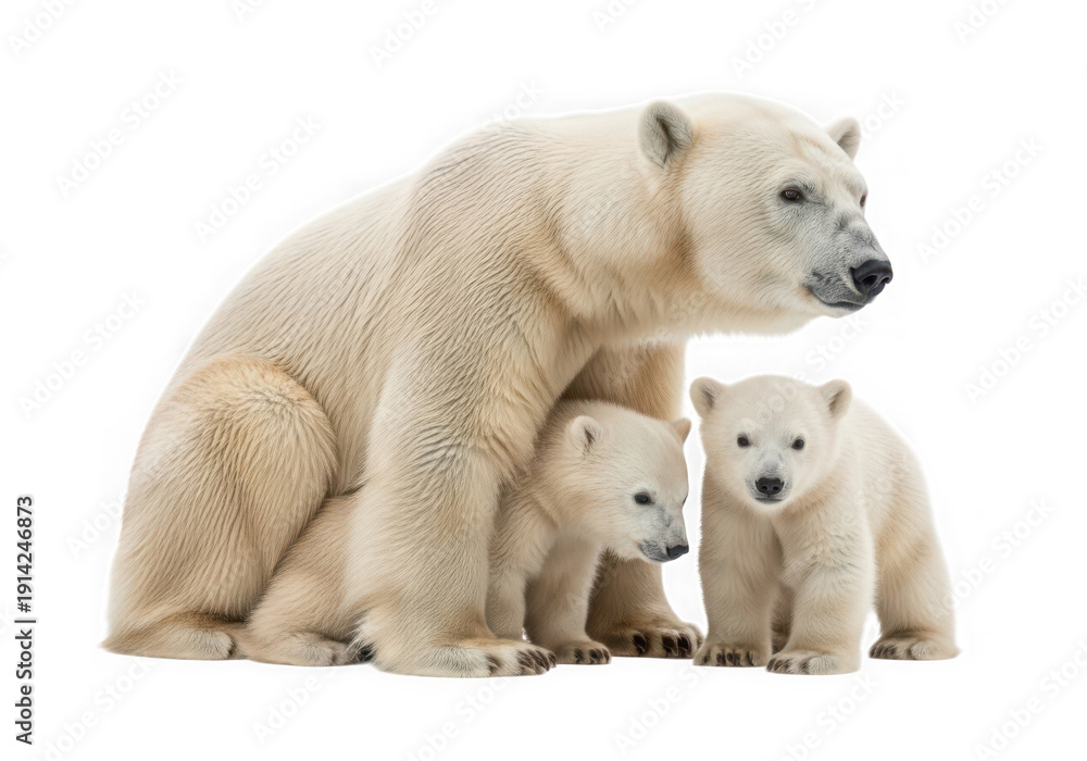 Fototapeta premium Adorable polar bear mother with two cubs sitting together on a clean white background