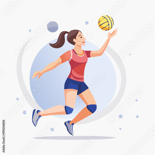 Dynamic illustration of a female volleyball player spiking the ball during an energetic game