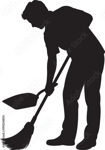 Black silhouette of man sweeping with broom and dustpan isolated on transparent background