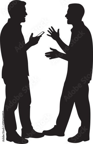 Two black silhouettes of men talking and looking at smartphone isolated on transparent background