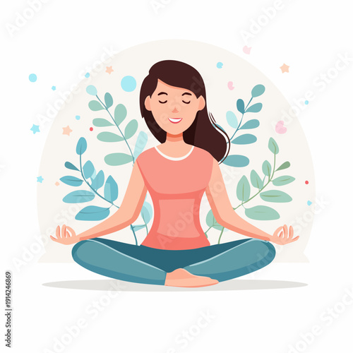 Young woman meditating peacefully in a calm, serene setting with lush green plants