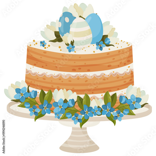 Delicious Easter layer cake on a stand, decorated with blue spring flowers, white blossoms, and painted eggs. Isolated vector illustration on white background