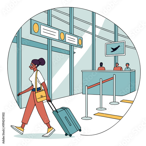 Confident Female Adult Pulling Luggage Through a Bustling Airport Terminal, Symbolizing International Travel and Readiness for Adventure, Dynamic Vector Art