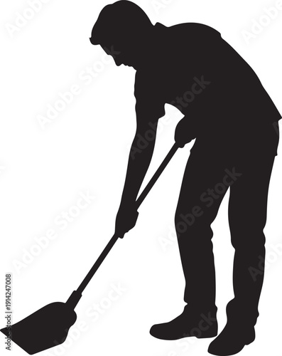 Black silhouette of man sweeping with broom and dustpan isolated on transparent background
