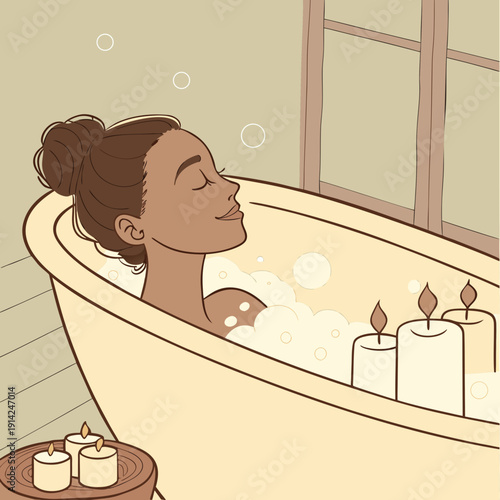 Woman Enjoying a Soothing Bubble Bath with Lit Candles, Creating a Peaceful Ambiance for Personal Wellness and Relaxation