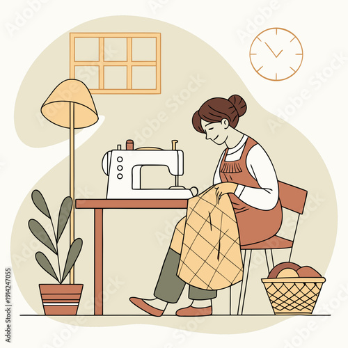 Woman sewing fabric with a modern home sewing machine, enjoying a creative hobby or DIY project, showcasing domestic skills and handcrafted art.
