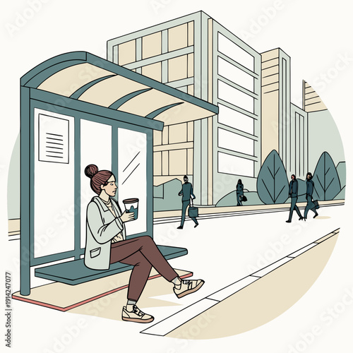 Urban female commuter waiting at a contemporary bus stop with a takeaway coffee, representing daily city life, public transportation, and thoughtful moments.
