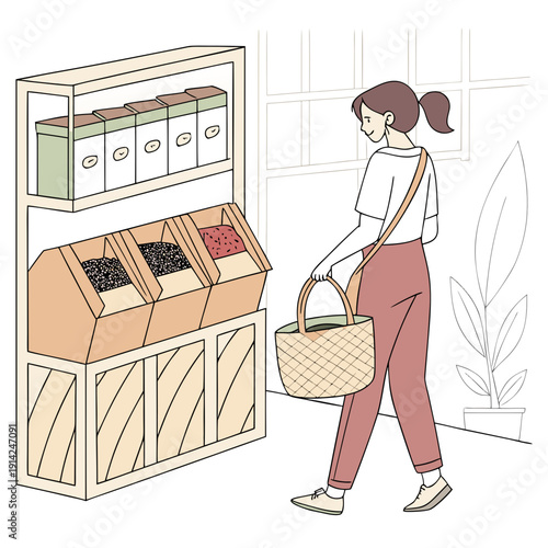 Environmentally conscious woman purchasing goods at a sustainable grocery store using her own generic containers, reducing waste and supporting ethical practices.
