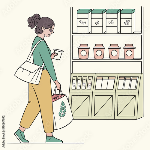 Woman shopping responsibly at a modern zero waste store, filling reusable containers with bulk products, promoting an eco-friendly and sustainable lifestyle.