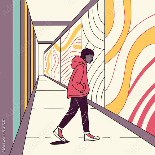 Young Adult Exploring Vibrant Street Art Alley with Abstract Graffiti Murals, Urban Culture and Youthful Expression.