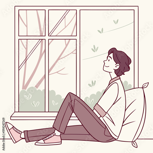 Serene Young Adult Enjoying a Relaxing Moment on a Comfortable Window Seat with a Soft Pillow at Home.