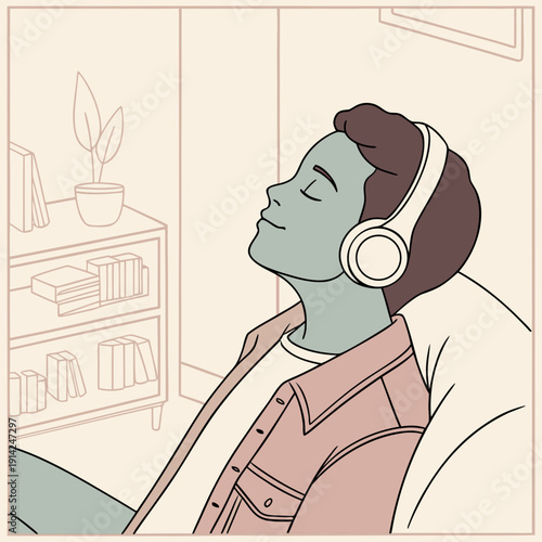 Serene Young Adult Enjoying a Relaxing Moment with Soft Music and Headphones for Tranquil Self-Care.