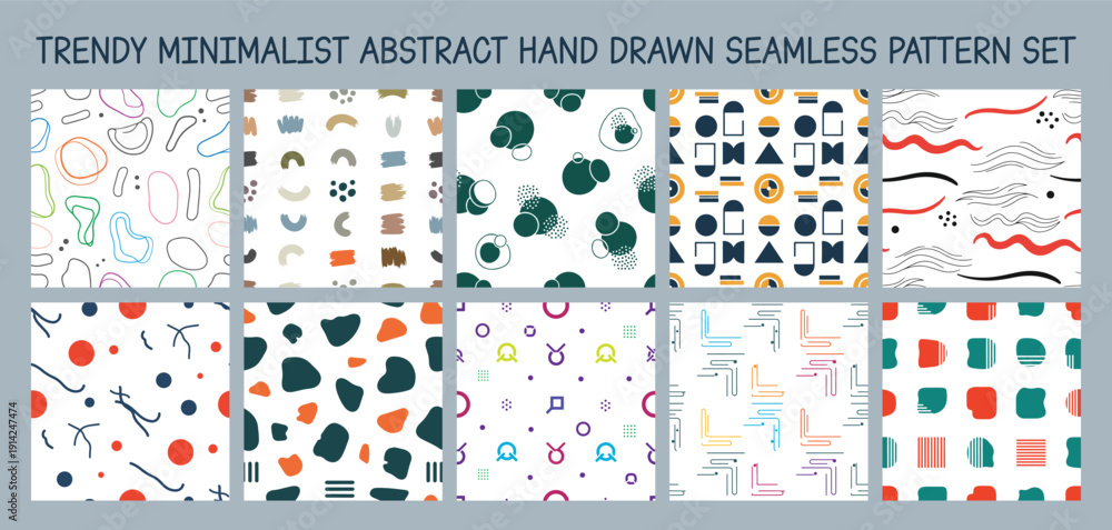 Obraz premium Trendy Minimalist Abstract Hand Drawn Seamless Pattern Set Modern Vector Background