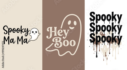 Halloween themed graphic design elements with spooky ghost illustrations and playful typography for festive decoration and greeting cards