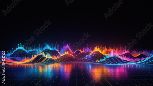 A vibrant glowing digital landscape resembling sound waves or data visualization with colorful neon lines forming peaks and valleys reflected on a futuristic grid surface creating a modern a