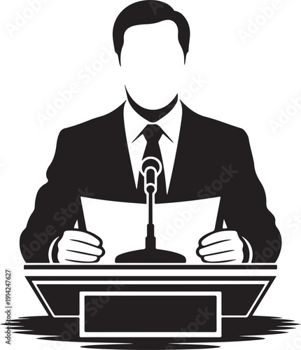 News anchor silhouette presenting report behind podium with microphone and papers at press briefing