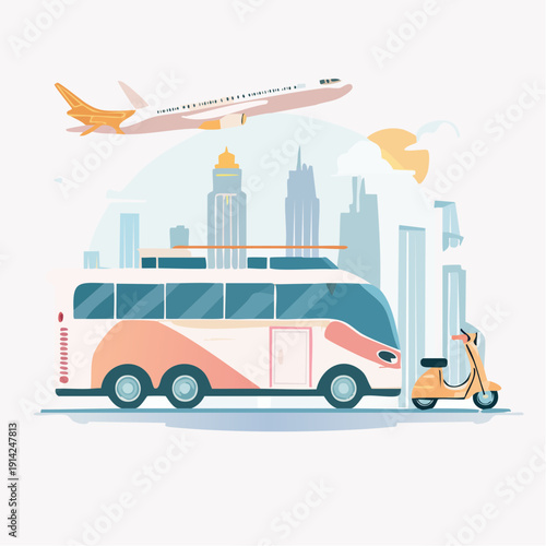 Transportation and city travel with bus, scooter, and airplane in urban landscape