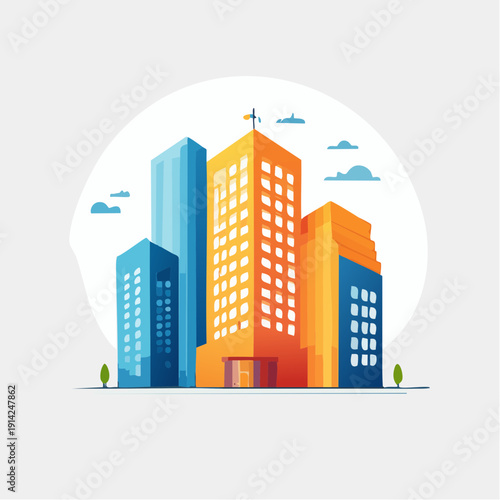 Modern Cityscape with Vibrant Tall Buildings and Clear Blue Sky