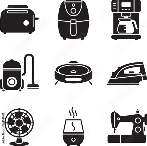 Home Appliance Icons: A collection of black silhouette icons of everyday household appliances. These represent modern tools for domestic life.