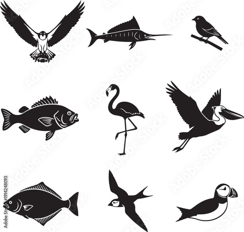 Marine and Avian Life Silhouettes: A striking monochromatic collection of sea and sky creatures, from the soaring avian to the deep sea's most majestic species. 