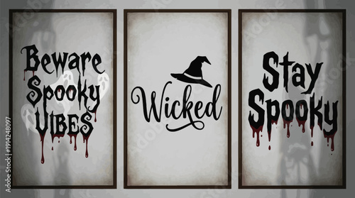 Halloween themed wall art with spooky signs and witch hat on white background with blood drips and dark borders creating a creepy atmosphere for decoration
