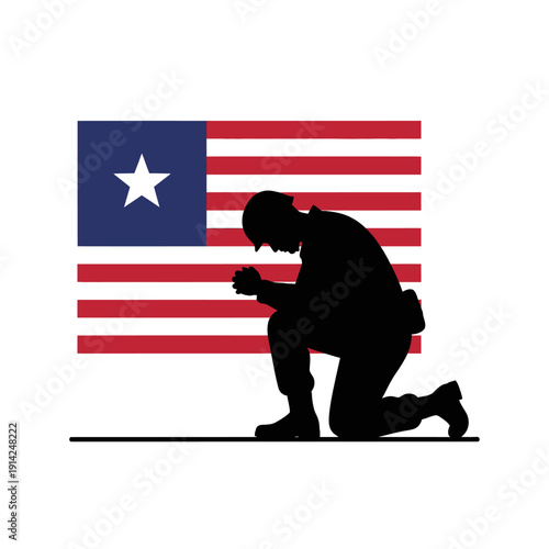 Soldier Praying Before American Flag Silhouette